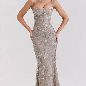 House of CB Taupe Floral Embroidered Corset Maxi Dress